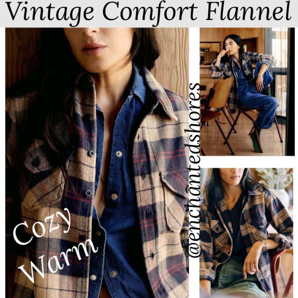 Vintage Flannel Shirt Comfort Plaid Blue Brown Tan Cream Grey Mens Size Medium